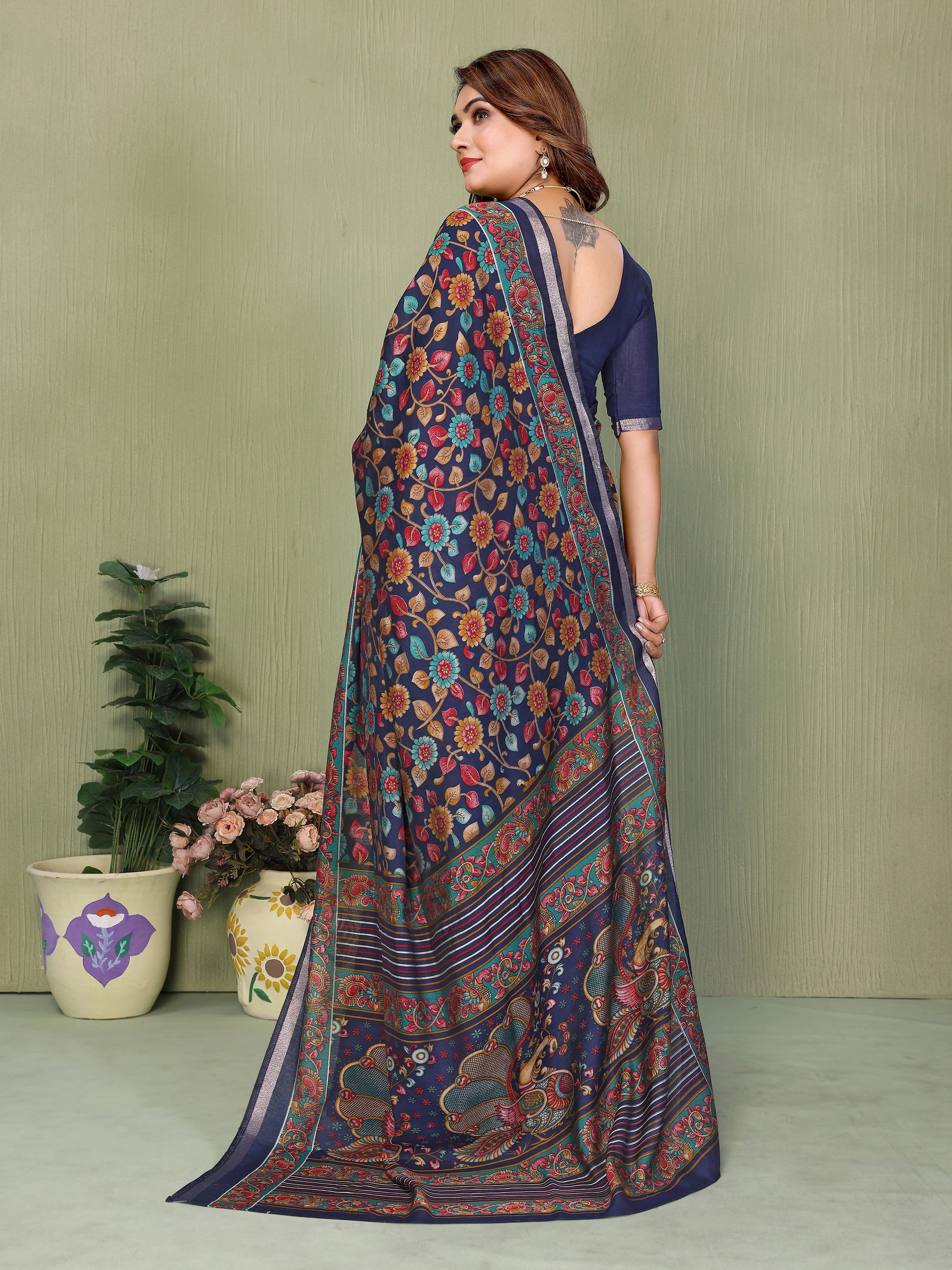 Navy Blue Kalamkari Print Mul Cotton Saree